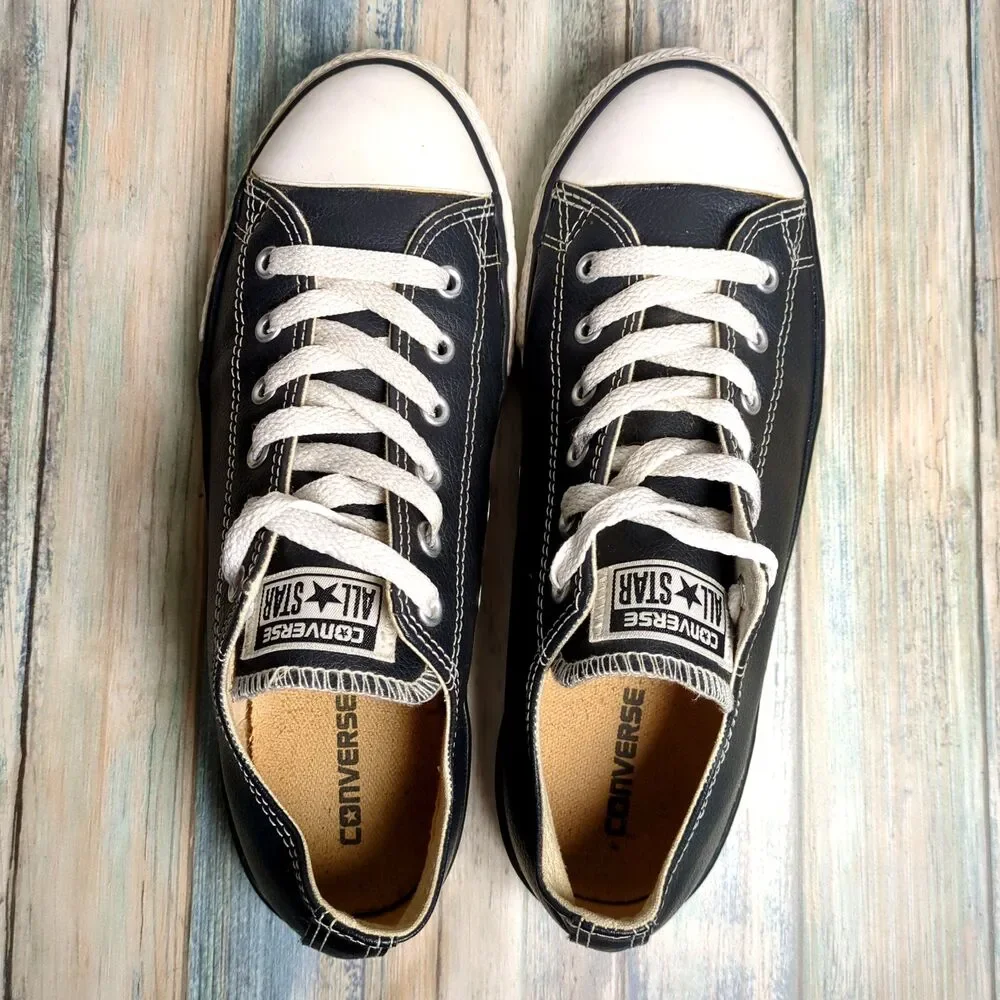 Converse All Star Youth 5.5 Black Faux Leather Low Top Shoes Sneakers Chucks